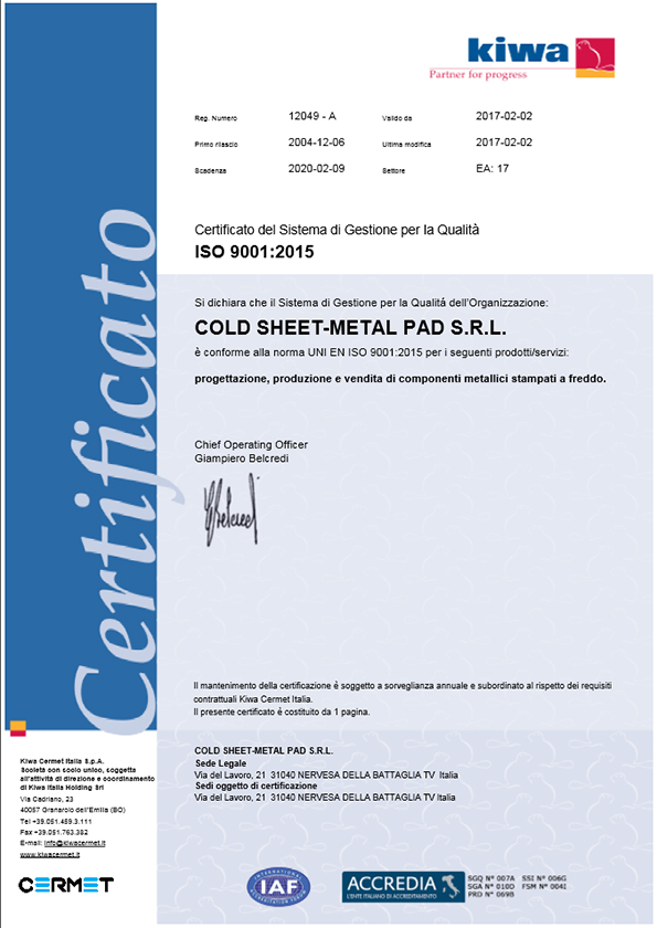 certificati cold sheet metal
